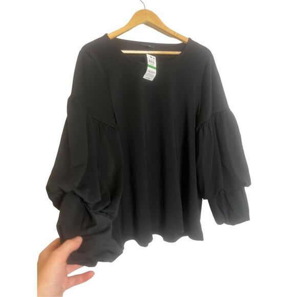 047 Alfani Stretch Black Bubble Sleeves Pullover Top Sz M - Picture 5 of 7